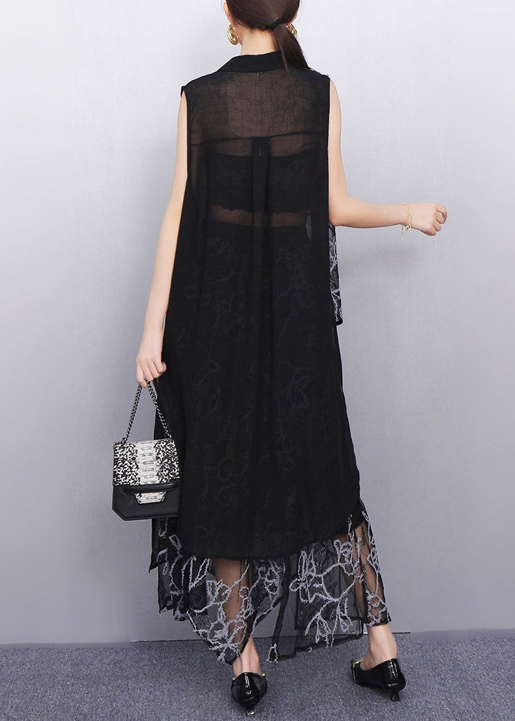 Chic Sheer Floral Black Asymmetrical Chiffon Two Pieces Set Sleeveless