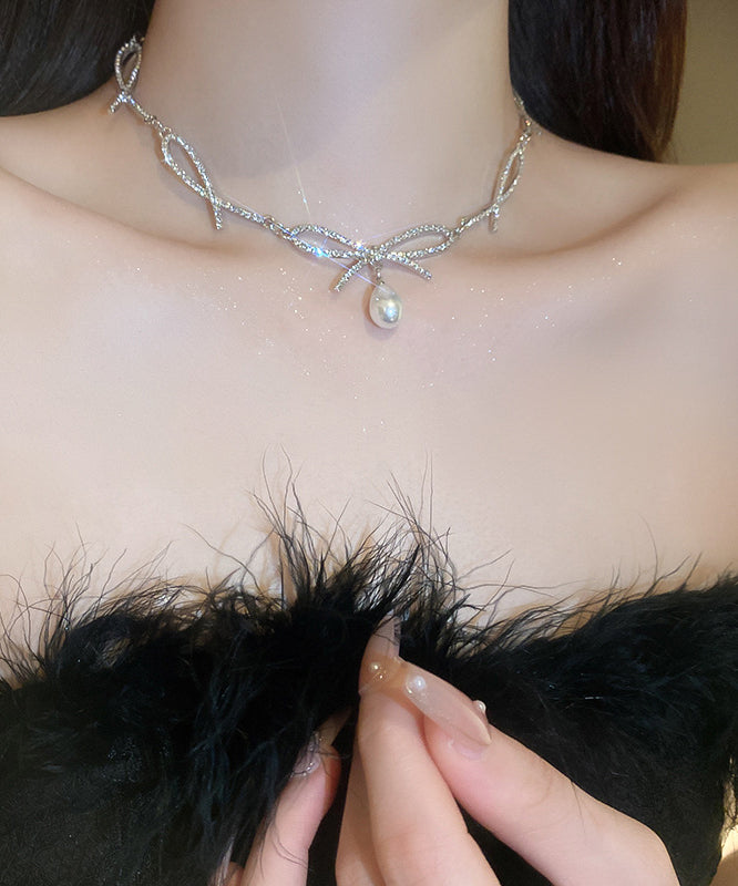 Chic Silk Alloy Zircon Bow Pearl Pendant Necklace
