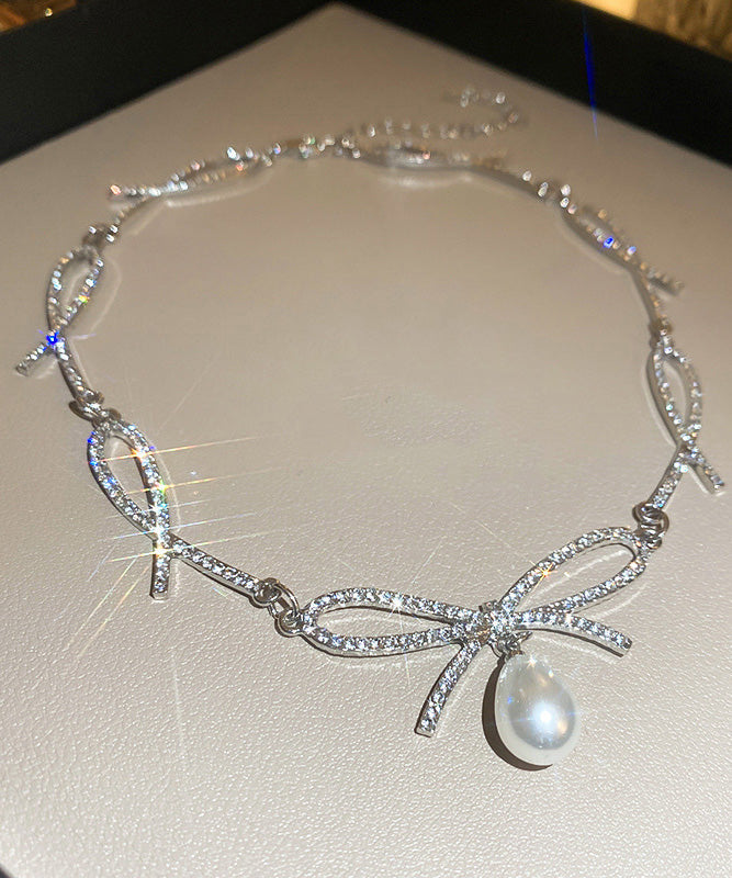 Chic Silk Alloy Zircon Bow Pearl Pendant Necklace