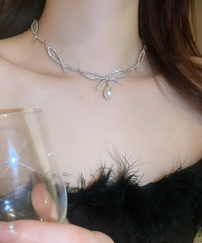 Chic Silk Alloy Zircon Bow Pearl Pendant Necklace