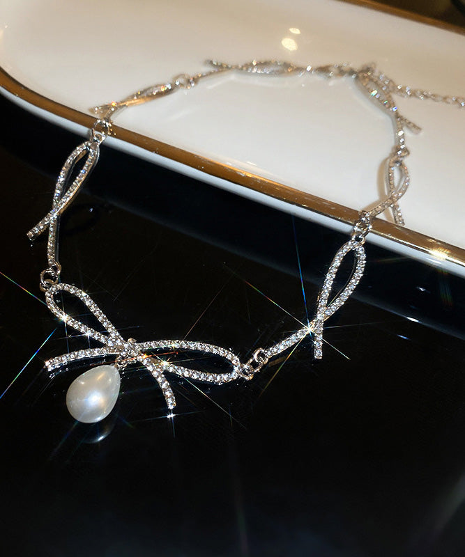 Chic Silk Alloy Zircon Bow Pearl Pendant Necklace