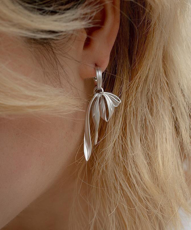 Chic Silk Sterling Silver Bow Ribbon Drop Earrings