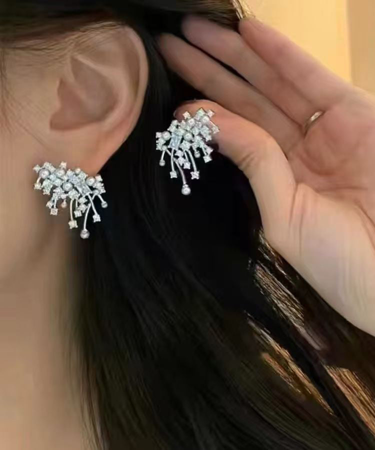 Chic Silk Sterling Silver Zircon Fireworks Pearl Stud Earrings