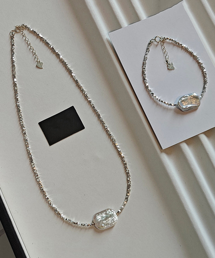 Chic Silver Asymmetric Pearl Adjustable Two Piece Set Pendant Necklace