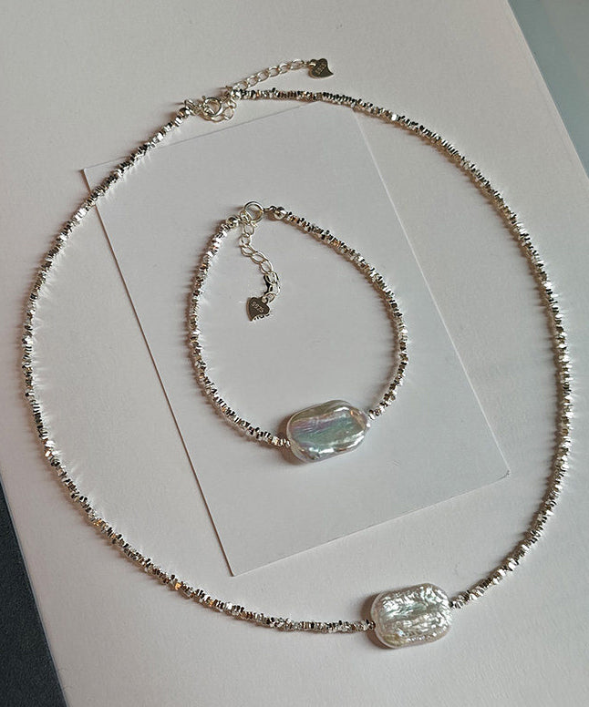 Chic Silver Asymmetric Pearl Adjustable Two Piece Set Pendant Necklace