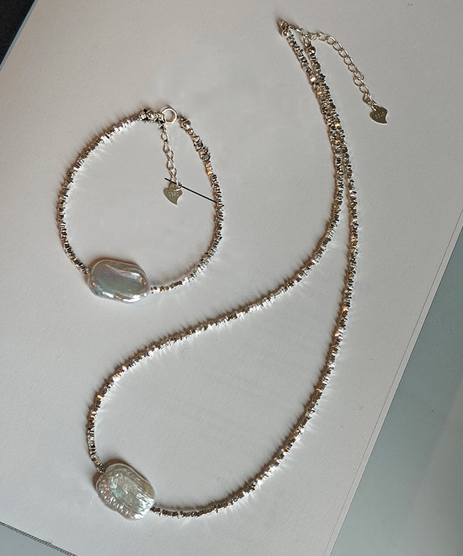 Chic Silver Asymmetric Pearl Adjustable Two Piece Set Pendant Necklace