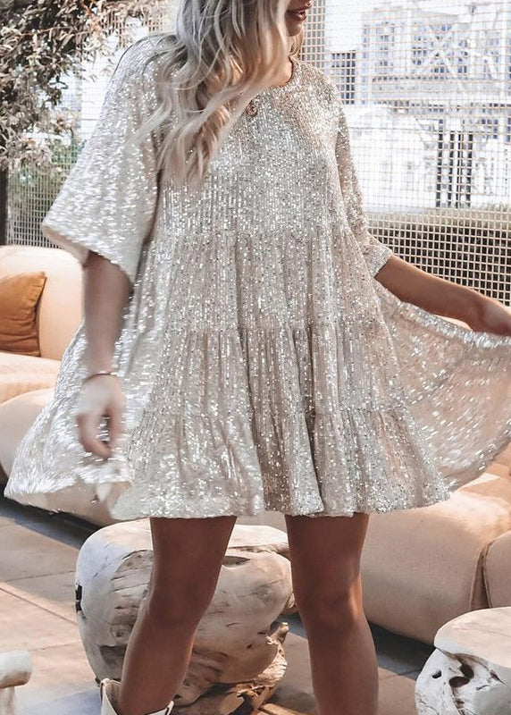 Chic Silver O Neck Sequins Cotton Mid Dress Summer