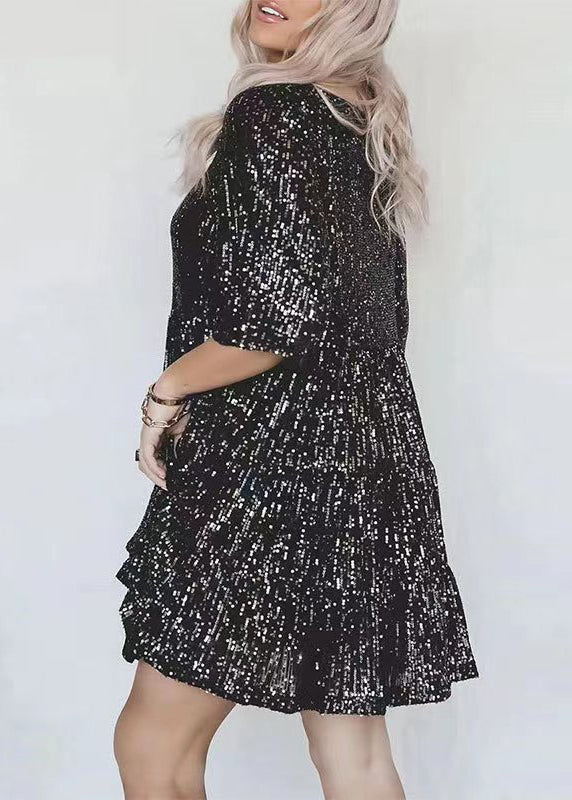 Chic Silver O Neck Sequins Cotton Mid Dress Summer