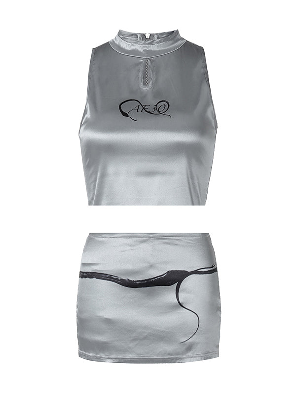 Chic Silver O-Neck Tank And Skirts Satin Two Pieces Set Summer