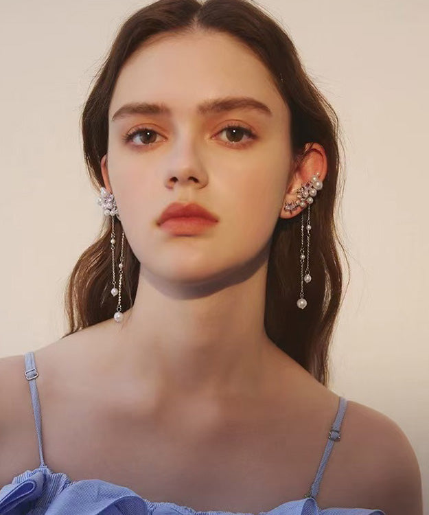 Chic Silver Pearl Tassel Metal Long Earrings