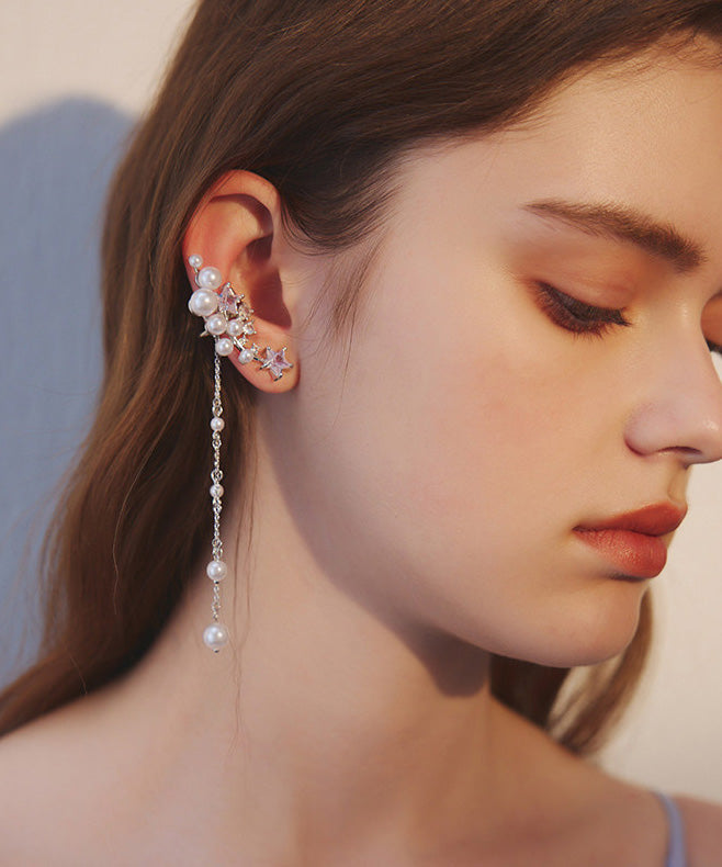 Chic Silver Pearl Tassel Metal Long Earrings