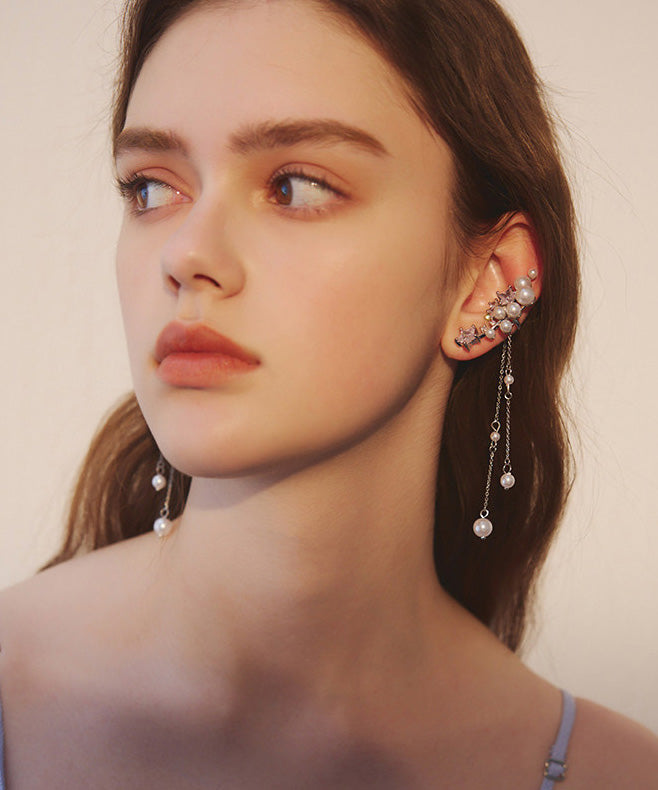 Chic Silver Pearl Tassel Metal Long Earrings