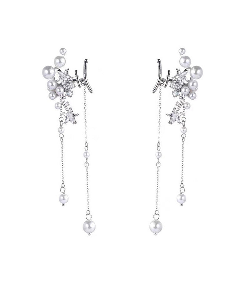 Chic Silver Pearl Tassel Metal Long Earrings