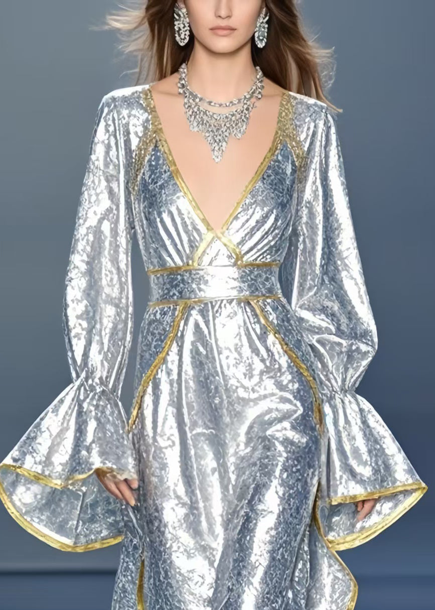 Chic Silvery Asymmetrical Design Silk Vestidos Dress Flare Sleeve