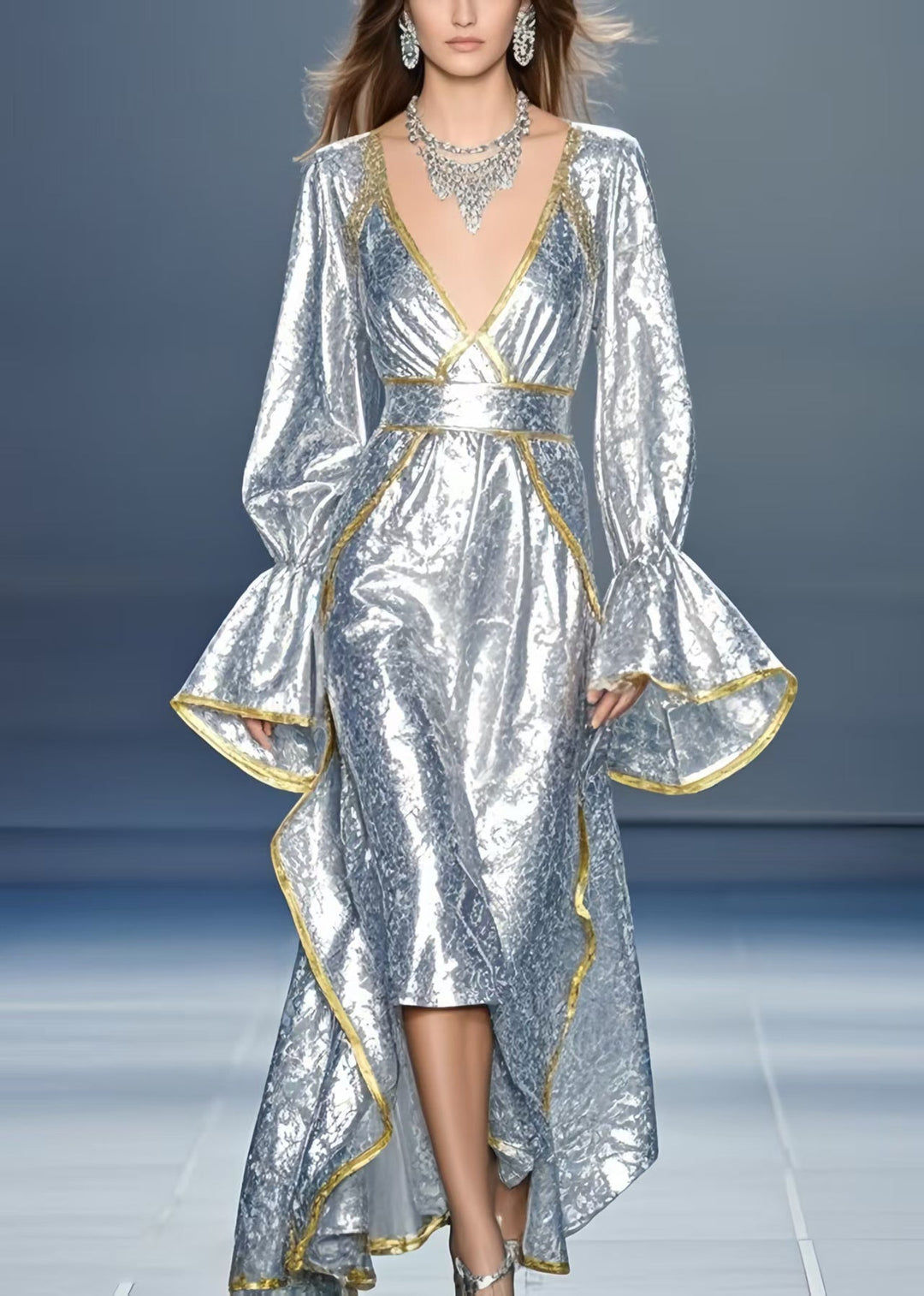 Chic Silvery Asymmetrical Design Silk Vestidos Dress Flare Sleeve