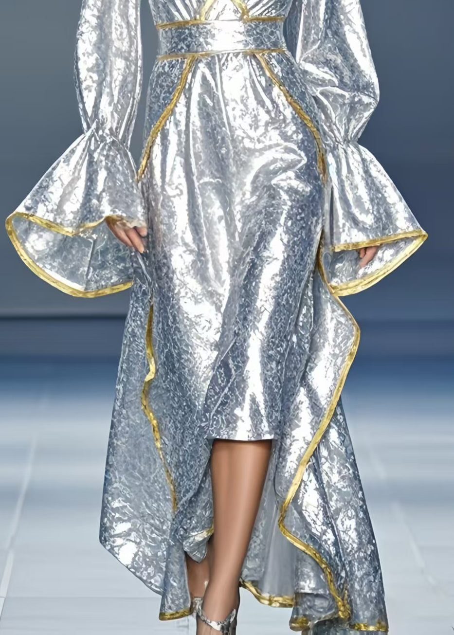 Chic Silvery Asymmetrical Design Silk Vestidos Dress Flare Sleeve