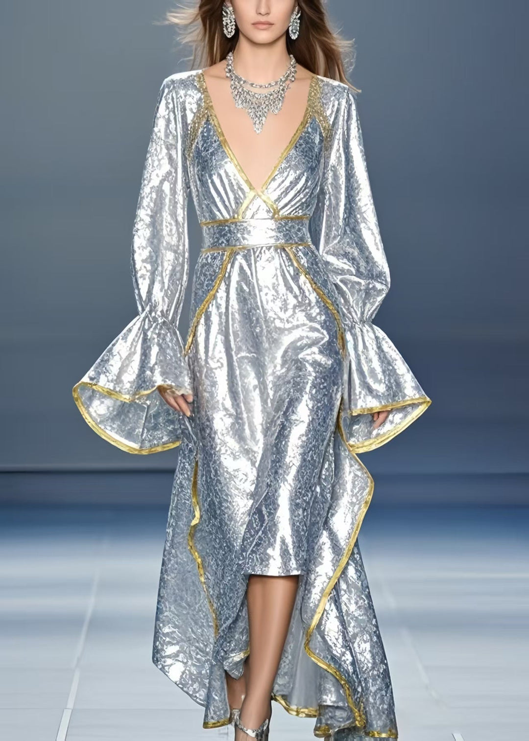 Chic Silvery Asymmetrical Design Silk Vestidos Dress Flare Sleeve