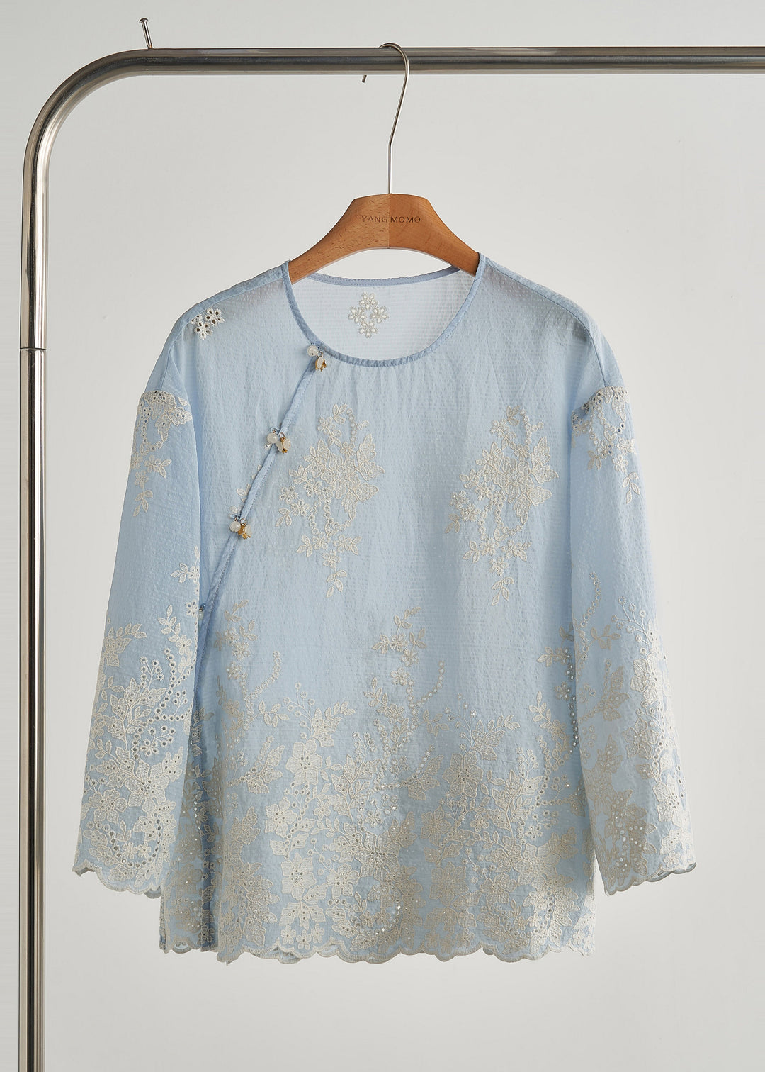 Chic Sky Blue Embroidered Hollow Out Cotton Top Fall