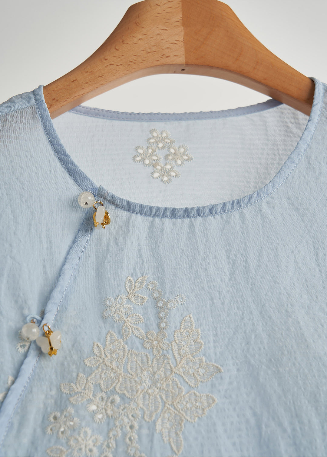 Chic Sky Blue Embroidered Hollow Out Cotton Top Fall