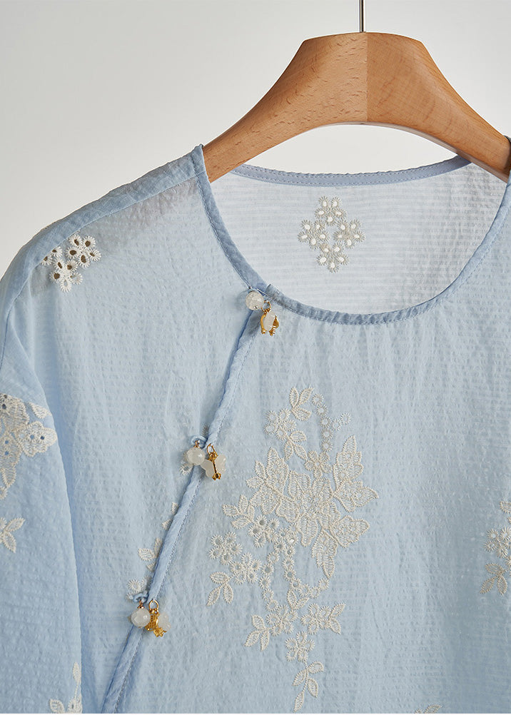 Chic Sky Blue Embroidered Hollow Out Cotton Top Fall