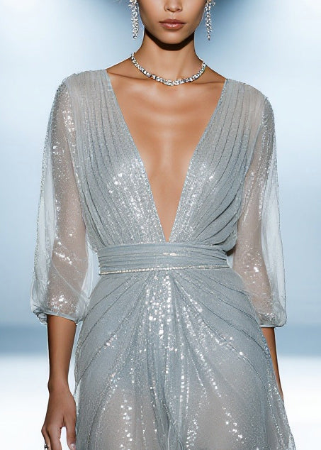 Chic Sky Blue Sequins Tulle Dinner Dress Summer