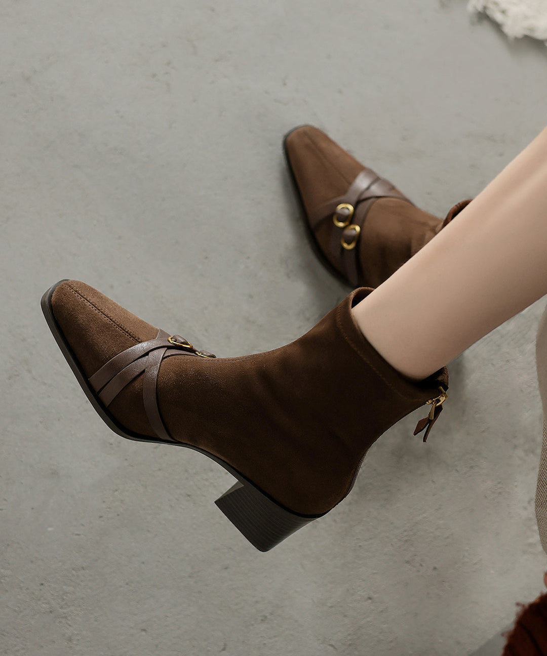 Chic Splicing Chunky Boots Brown Suede Square Toe