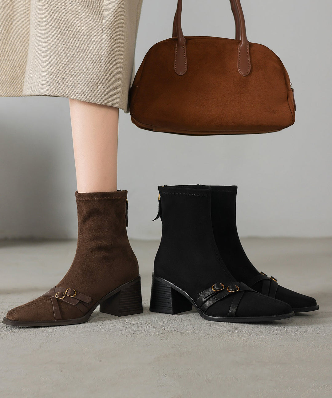 Chic Splicing Chunky Boots Brown Suede Square Toe