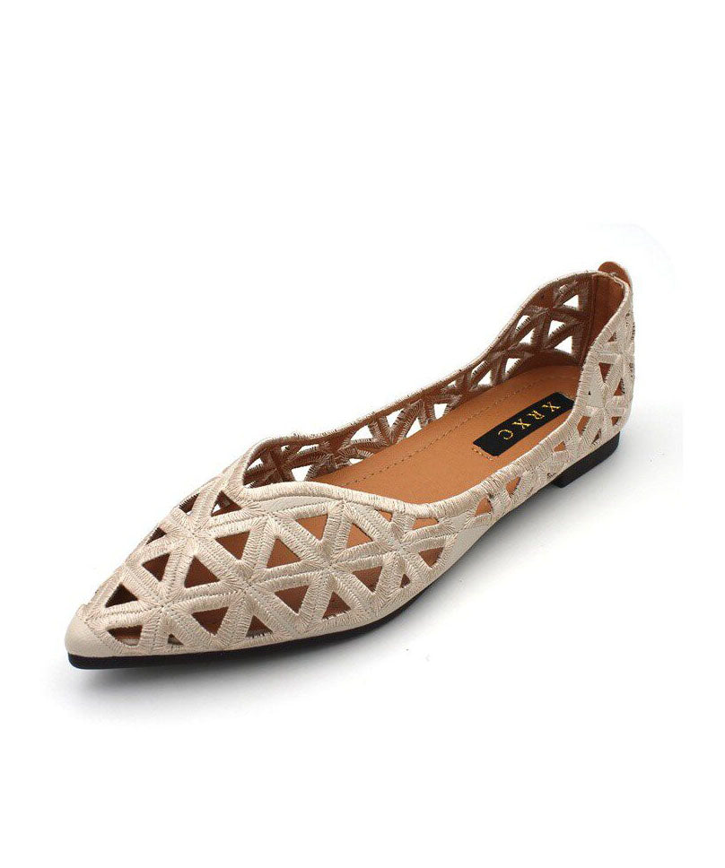 Chic Splicing Flat Shoes Apricot Hollow Out Faux Leather Pointed Toe