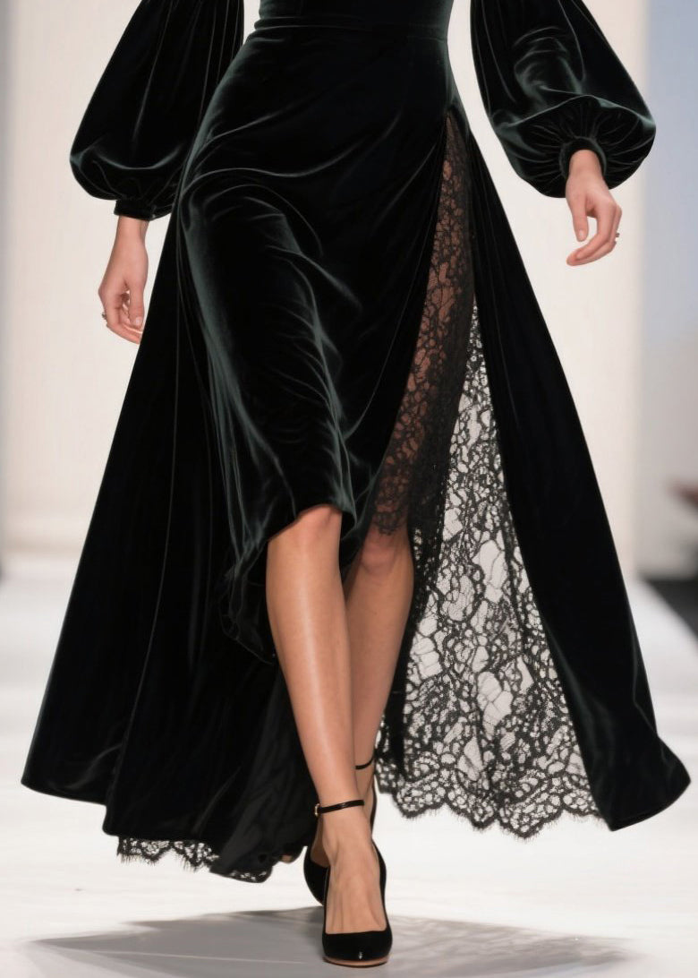 Chic Square Collar Lace Patchwork Velvet Ankle Dress Fall