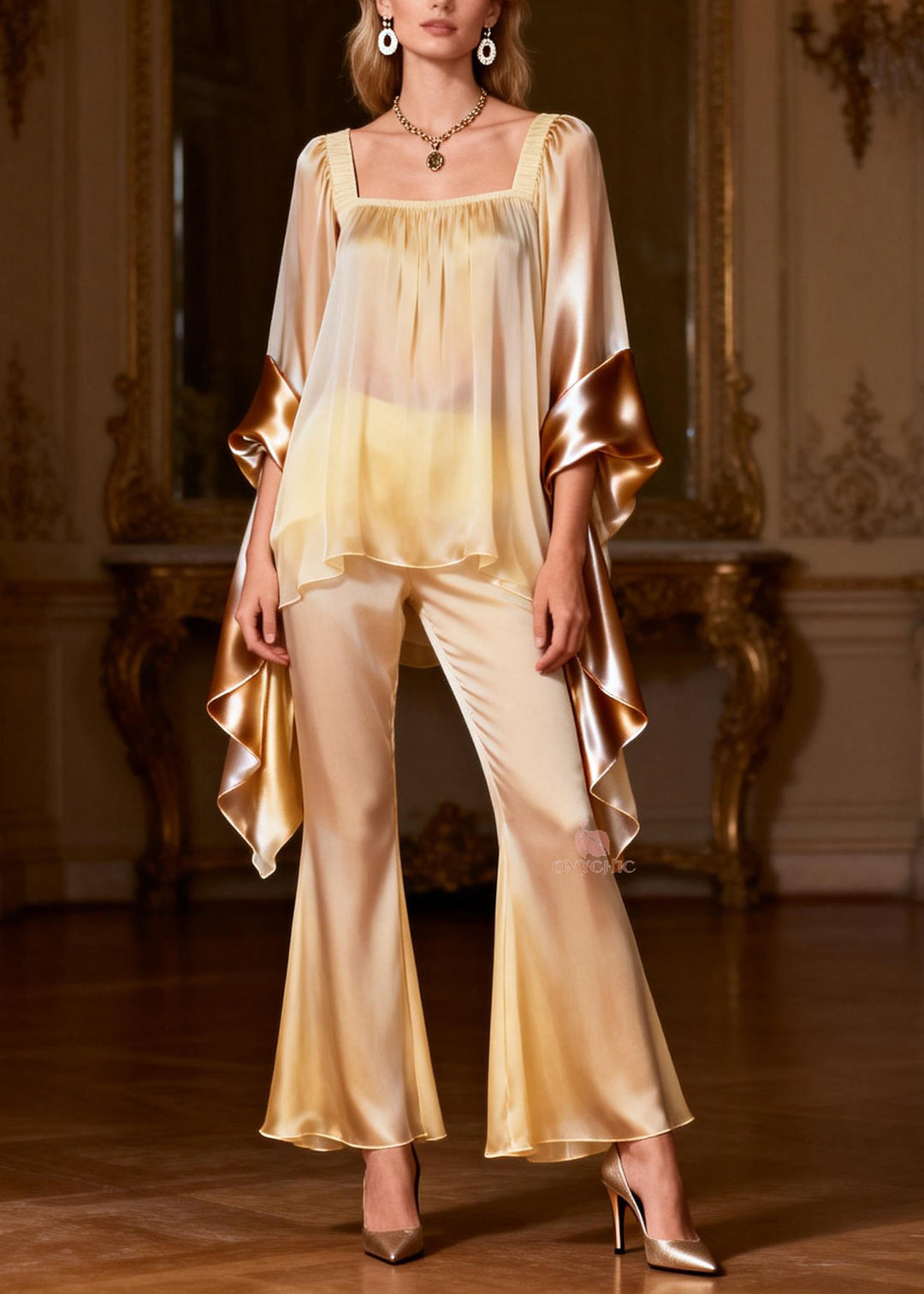 Chic Square Collar Patchwork Silk Two Pieces Set Summer