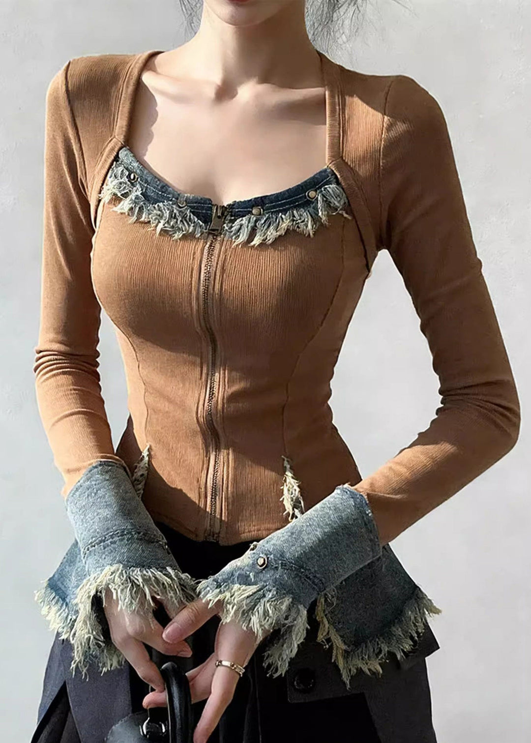 Chic Square Collar Zippered Denim Patchwork T Shirt Spring