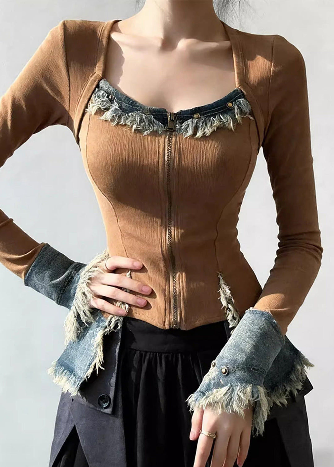 Chic Square Collar Zippered Denim Patchwork T Shirt Spring