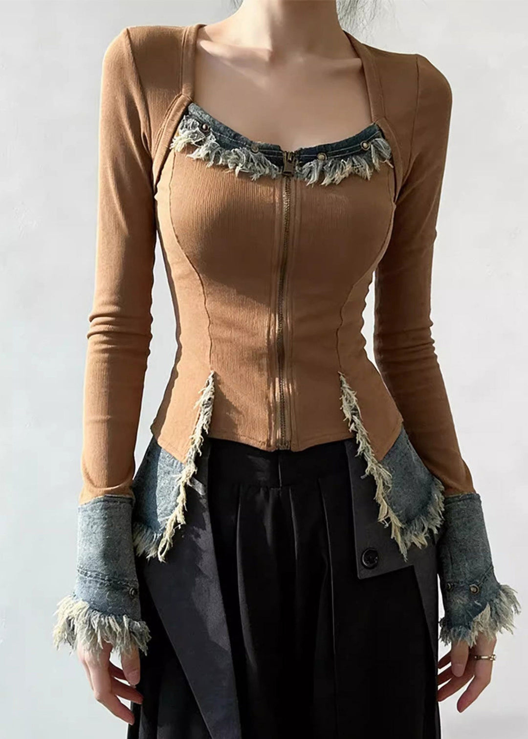 Chic Square Collar Zippered Denim Patchwork T Shirt Spring