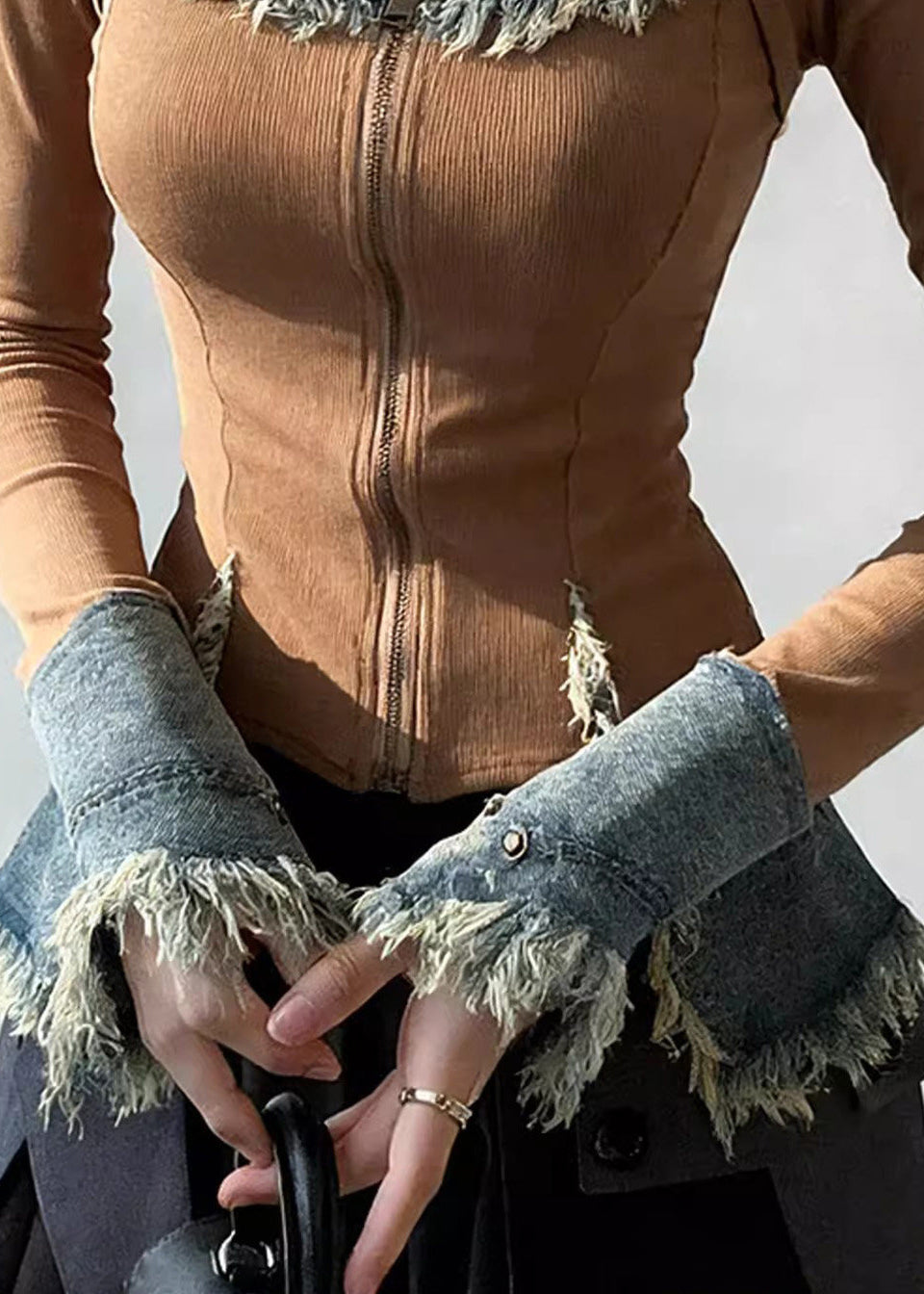 Chic Square Collar Zippered Denim Patchwork T Shirt Spring