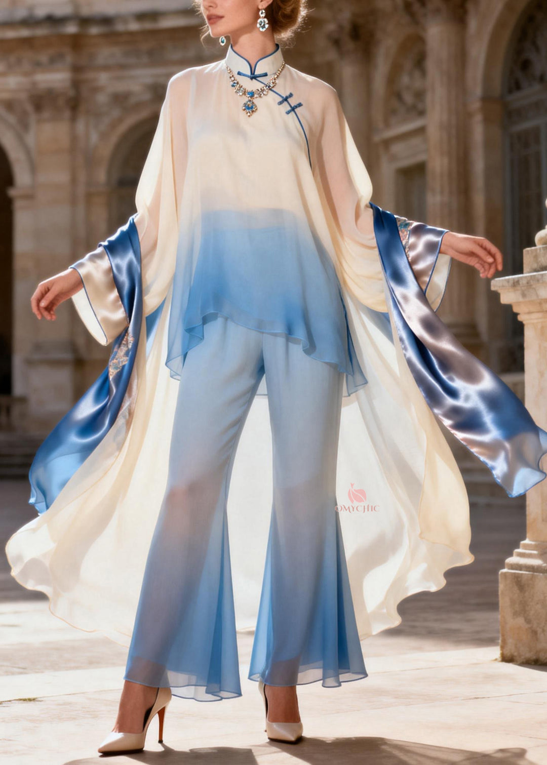 Chic Stand Collar Asymmetrical Patchwork Silk 2 Piece Outfit Spring