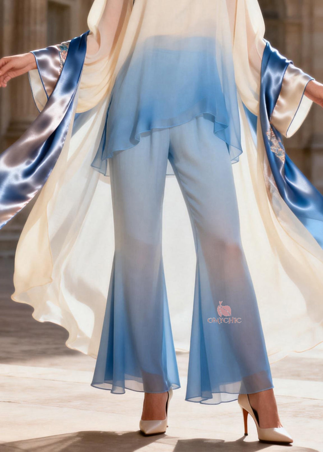 Chic Stand Collar Asymmetrical Patchwork Silk 2 Piece Outfit Spring