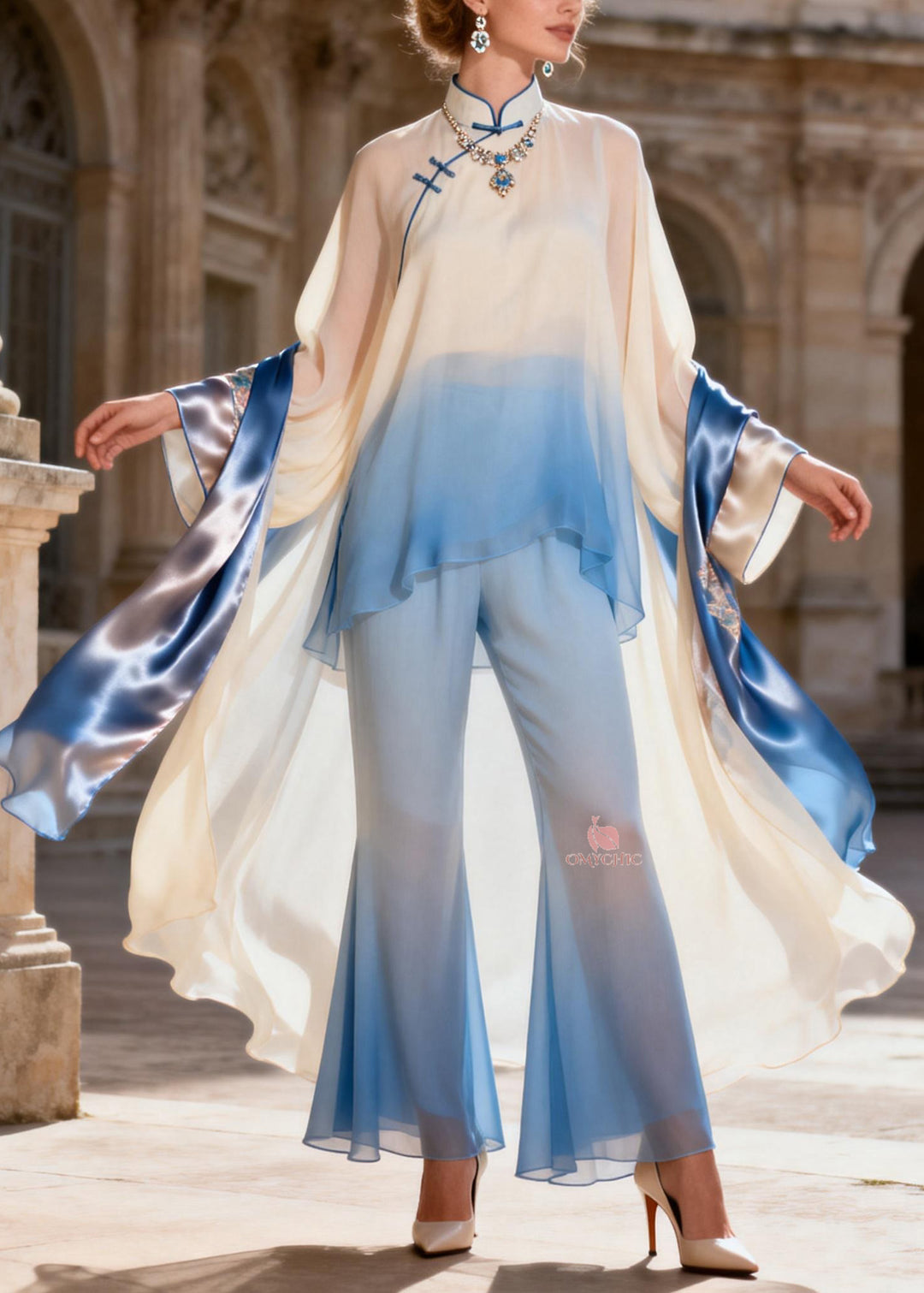 Chic Stand Collar Asymmetrical Patchwork Silk 2 Piece Outfit Spring