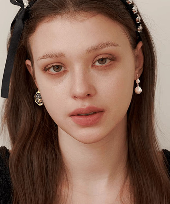 Chic Sterling Silver Overgild Pearl Kitten Asymmetrical Drop Earrings