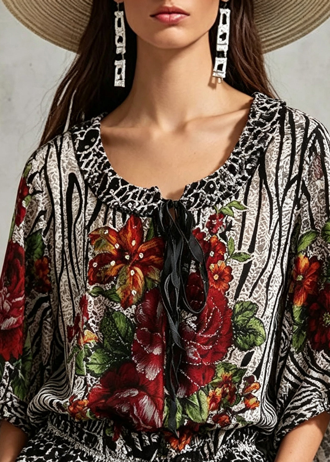 Chic Tie Lace Print Wrinkled Silk T Shirt Fall