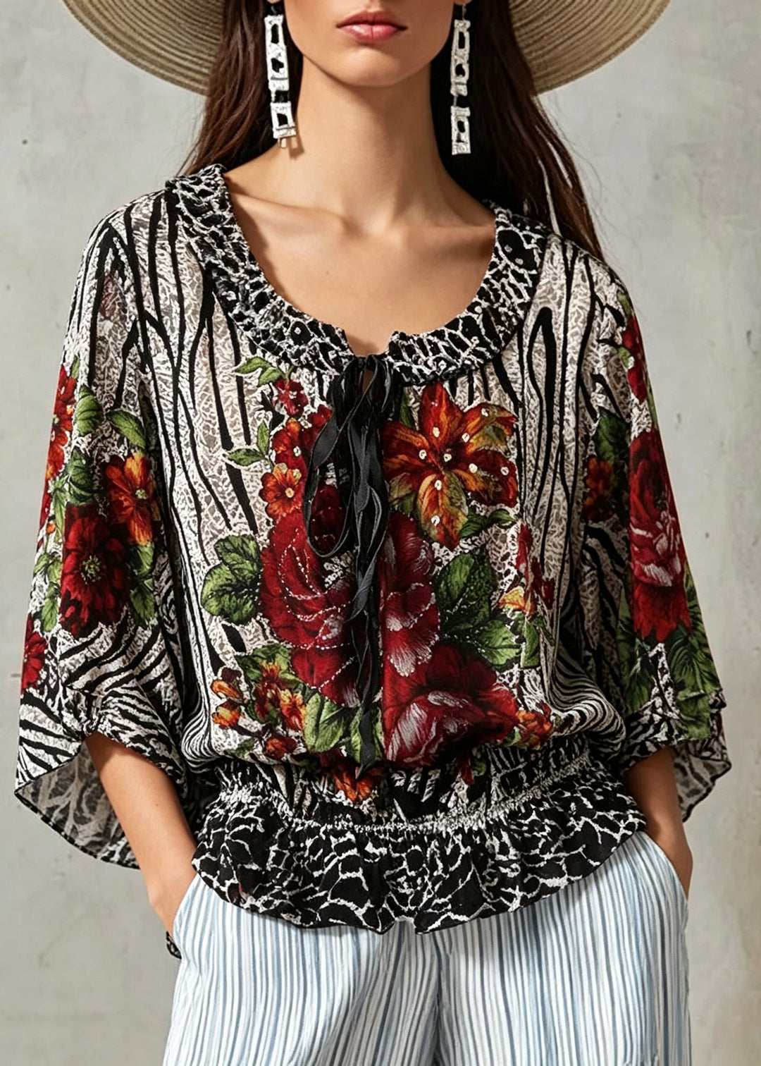 Chic Tie Lace Print Wrinkled Silk T Shirt Fall