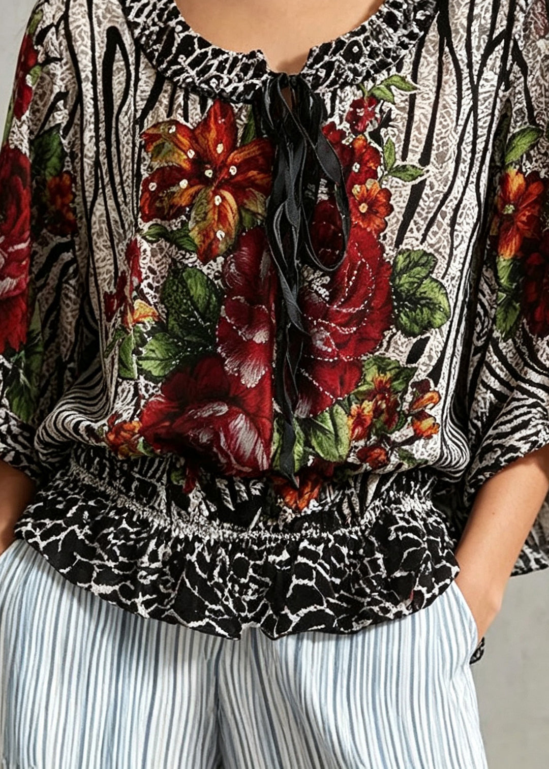 Chic Tie Lace Print Wrinkled Silk T Shirt Fall