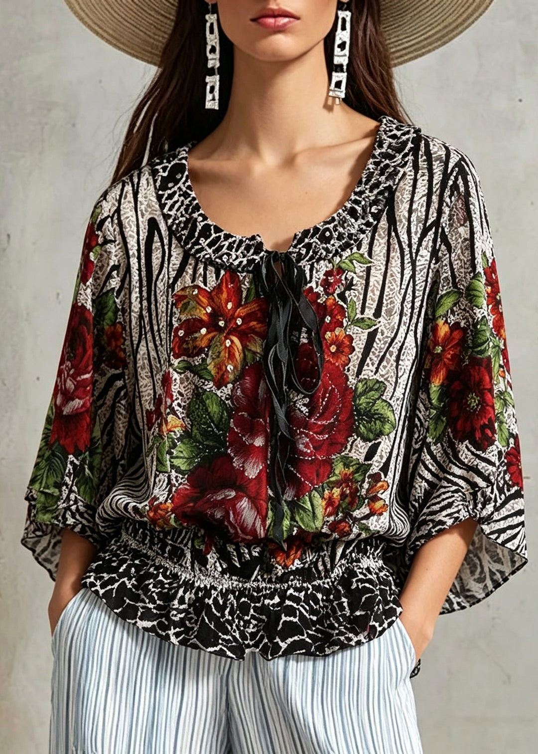 Chic Tie Lace Print Wrinkled Silk T Shirt Fall
