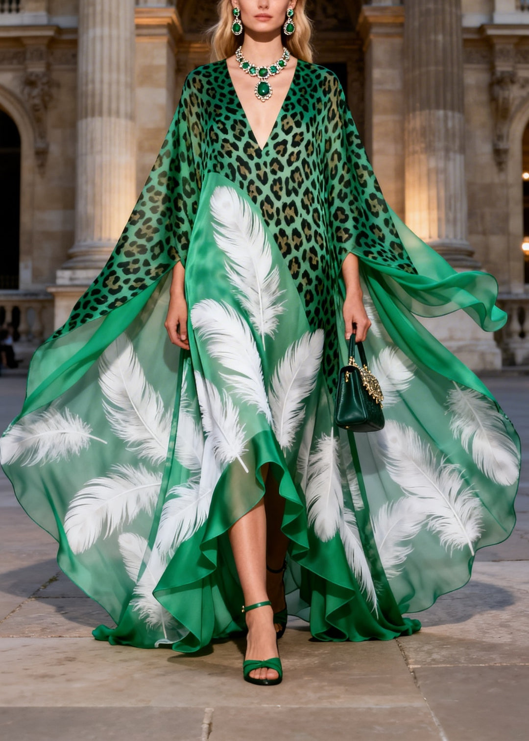 Chic V Neck Asymmetrical Design Leopard Feather Print Chiffon Long Dress Summer