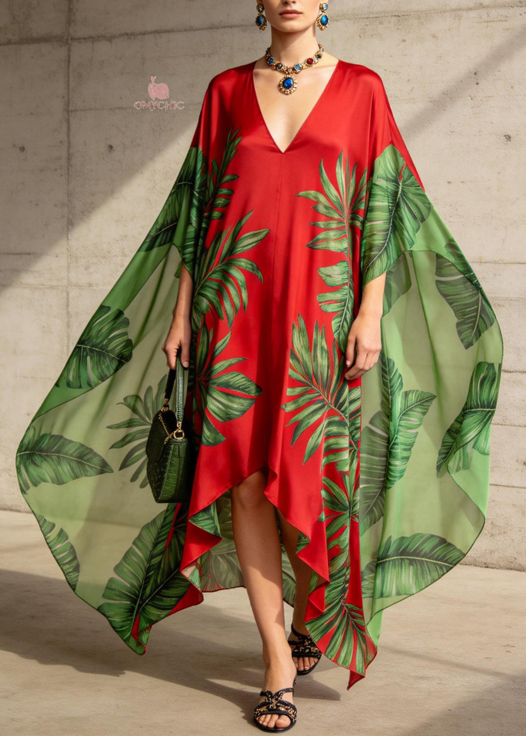 Chic V Neck Asymmetrical Design Print Chiffon Ankle Dress Summer