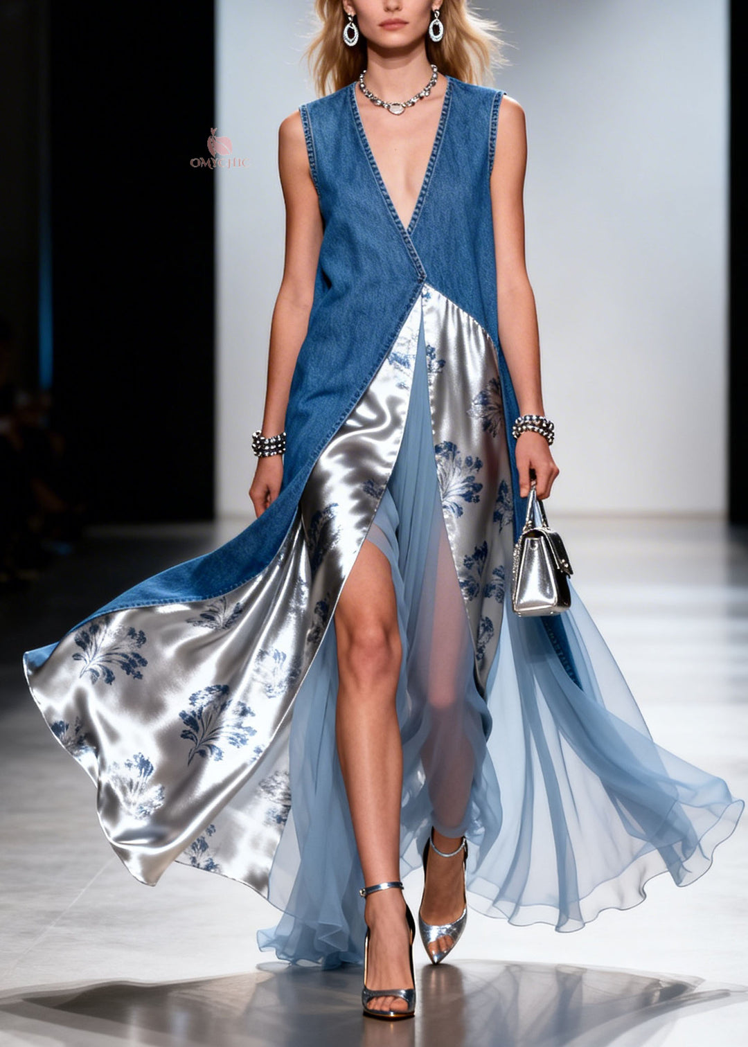 Chic V Neck Asymmetrical Silk Patchwork Denim Dress Summer