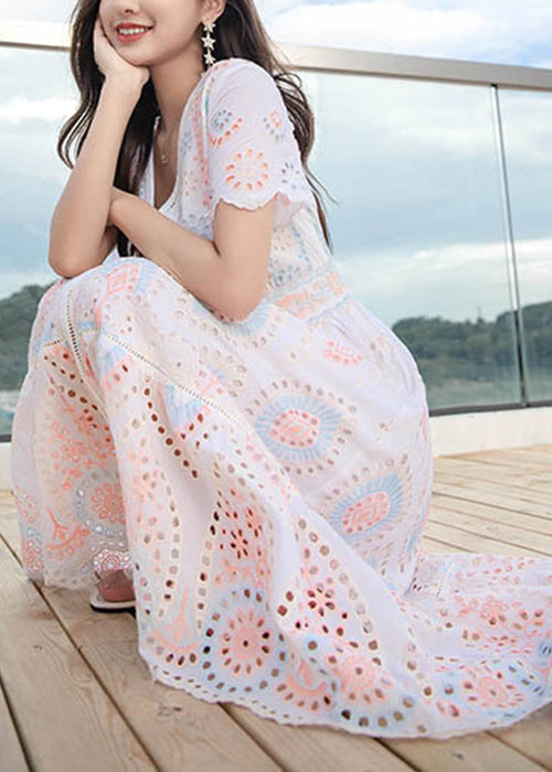 Chic V Neck Hollow Out Linen Long Dress Summer