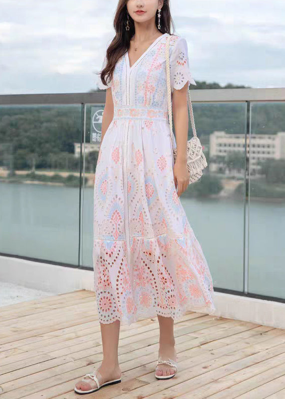 Chic V Neck Hollow Out Linen Long Dress Summer