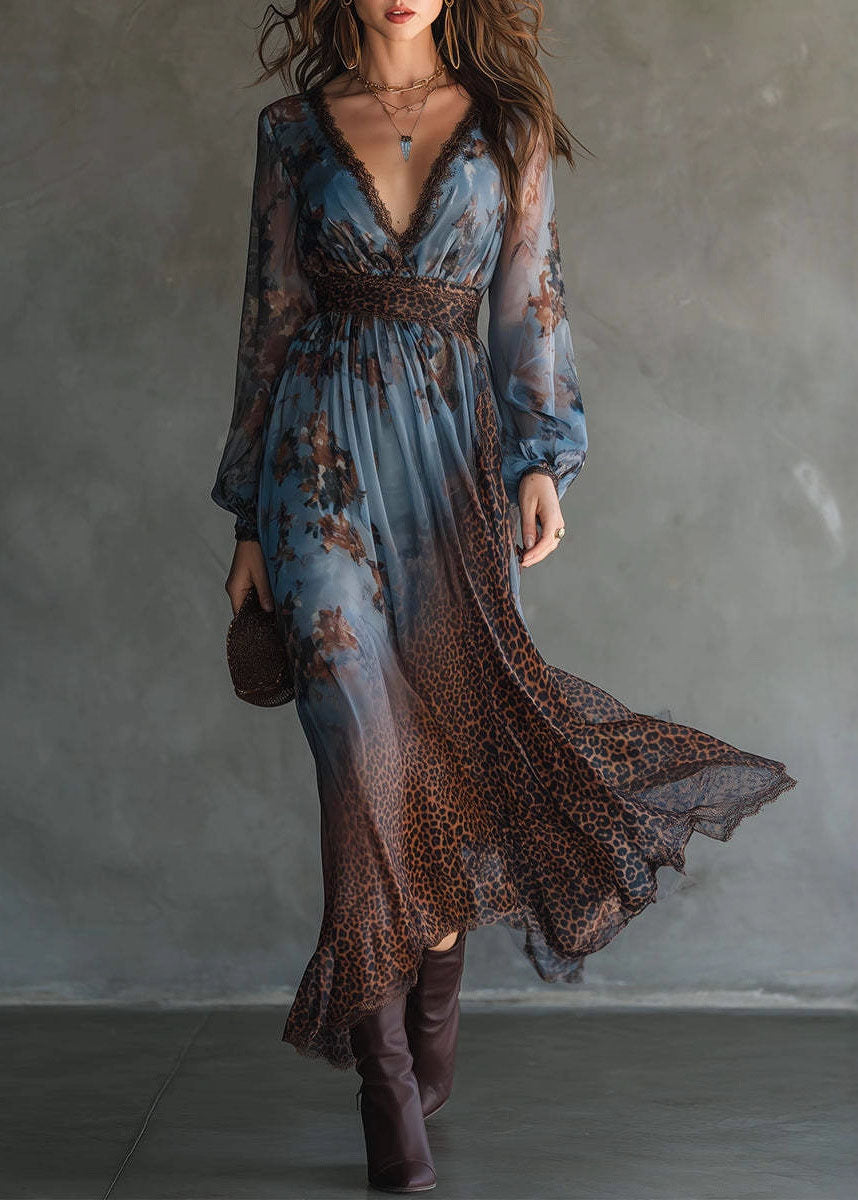 Chic V Neck Lace Print Patchwork Chiffon Long Dresses Summer