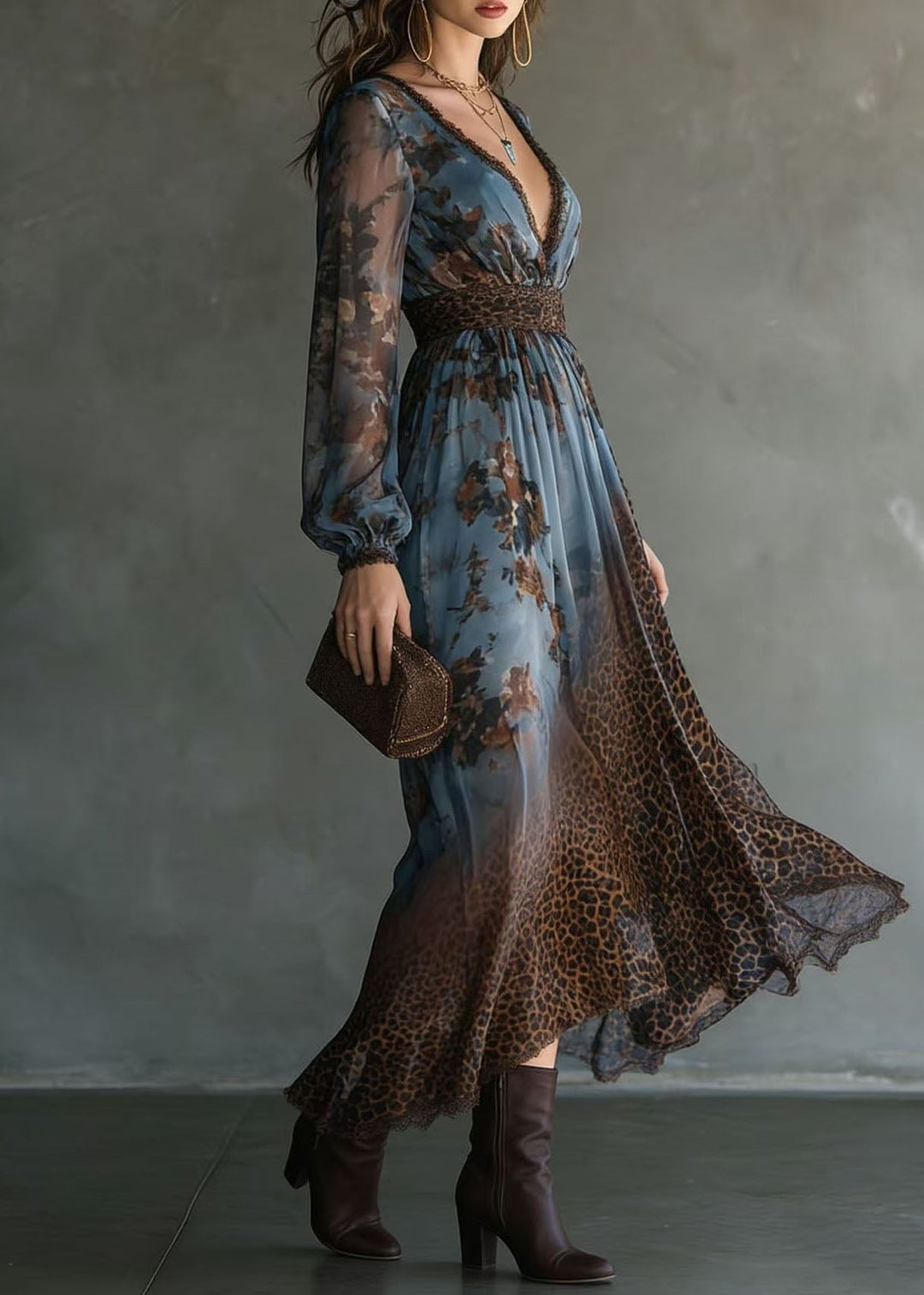 Chic V Neck Lace Print Patchwork Chiffon Long Dresses Summer