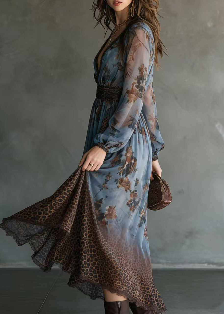 Chic V Neck Lace Print Patchwork Chiffon Long Dresses Summer